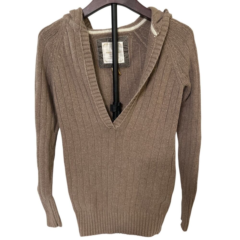 American Eagle Brown V Neck Hooded Sweater Size Small